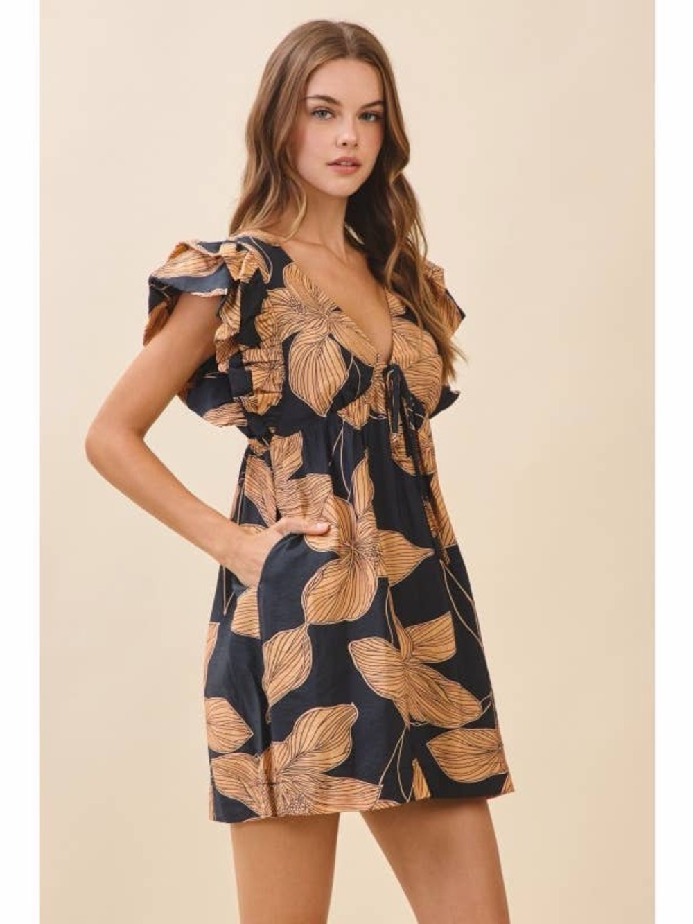 TCEC Navy Mini Dress with Tan Floral Print
